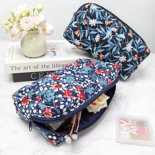 PAZIMIIK-Vintage-Quilted-Makeup-Bag-Cosmetic-Pouch-for-Brushes-Pencils-and-Travel-Make-Up-Accessories-for-Women-and-GirlsFloral-Navy-Blue