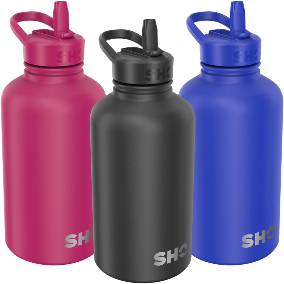 SHO Stainless Steel Guzzler Water Bottle with Straw Lid Leakproof