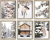 WINDVALE Nordic Christmas Wall Art Prints – Scandinavian Winter Posters with Reindeer, Snowy Cabin & Pine Trees – Rustic Farmhouse Holiday Décor for Living Room or Bedroom (8x10 Unframed)