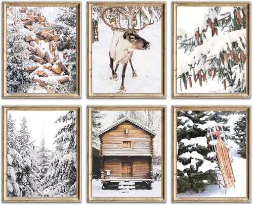 WINDVALE Lot de 6 impressions de paysage d'hiver nordique, rennes et cabane, 20 x 25 cm, sans cadre, multicolore (tranquillité rustique)