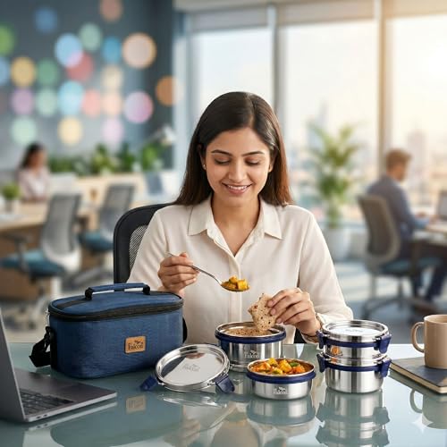 Image of PDDFALCON Stainless Steel EcoNxt Tulip Lunch Box Set of 4 containers with Insulated Bag, BIS Certified, Food Grade, Jindal Seal & Made in India (Navy Blue - 1000ml)