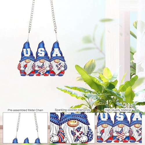 Image of AiYuanzsh 5D Diamond Painting Hanging Pendant Kit - Independence Day Gnome 5D Diamond Art Dots Acrylic Pendant Craft for Adults - Crystal Rhinestone Suncatcher for Door Wall Window Decor