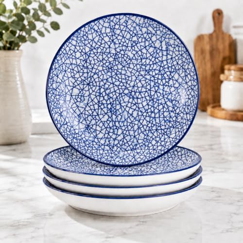Image of Ceramic Dinner Plates, Round Plates with Blue Crackle Pattern, Food Grade Ceramic Tableware, Microwave & Dishwasher Safe Plates for Dining, Snacks & Desserts(Crackle Mosaic Pattern, PACK OF 4)