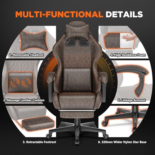 Ferghana Vintage PU Leather Gaming Chair, High Back Gamer Chair with Massage, Ergonomic Computer Office Chair with Footrest for Adults, Racing Style Reclining Video Game Chair Brown