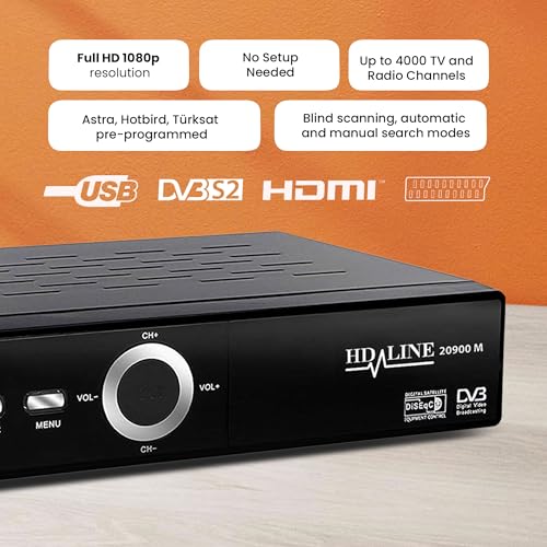 Hd-line 20900 HD Sat Receiver Satellit DVB S2 HD Receiver für SAT Digitaler Satelliten SAT Receiver (DVB-S/S2, HDMI, SCART, 2X USB 2.0, Full HD 1080p) (Vorprogrammiert für Astra Hotbird und Türksat)