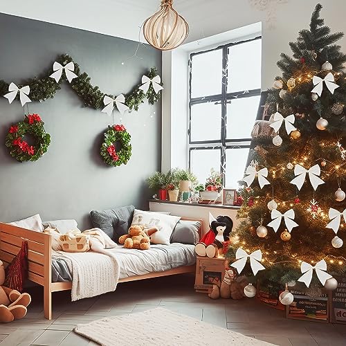 12Pcs White Glitter Bows for Christmas Tree Decoration 5.9Inch Decorative Wreaths Bow Bowknot Ornaments for Crafts Garland Holiday Home Decor - Image 3