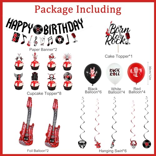 Image of Crenics Rock and Roll Birthday Party Decorations with Happy Birthday Banner | Hanging Swirls, Cake Toppers and Balloons for Music Rock & Roll Party Supplies
