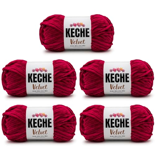Image of Keche Velvet Yarn for Crocheting, Soft Chenille Bulky Baby Blanket Amigurumi Yarn 100 gr (132 yds) 5 Skeins - Burgundy