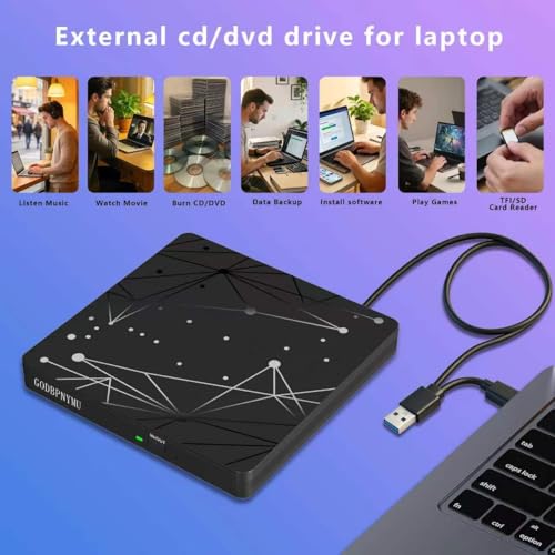 Image of External CD /DVD Drive for Laptop, Ultra-Thin USB Disk Drive, DVD Player for Laptop, USB 3.0 CD Burner USB-C CD-ROM Reader for Windows 11 /10 /8 /7 XP Linux MacOS with 1+4 Storage Bag