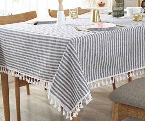 Trudelve Heavy Duty Cotton Linen Table Cloth Stripe Tassel Rectangle Tablecloth Dust-Proof Table Cover For Kitchen Dinning Tabletop Decoration (55"X70", Blue) #TOP3