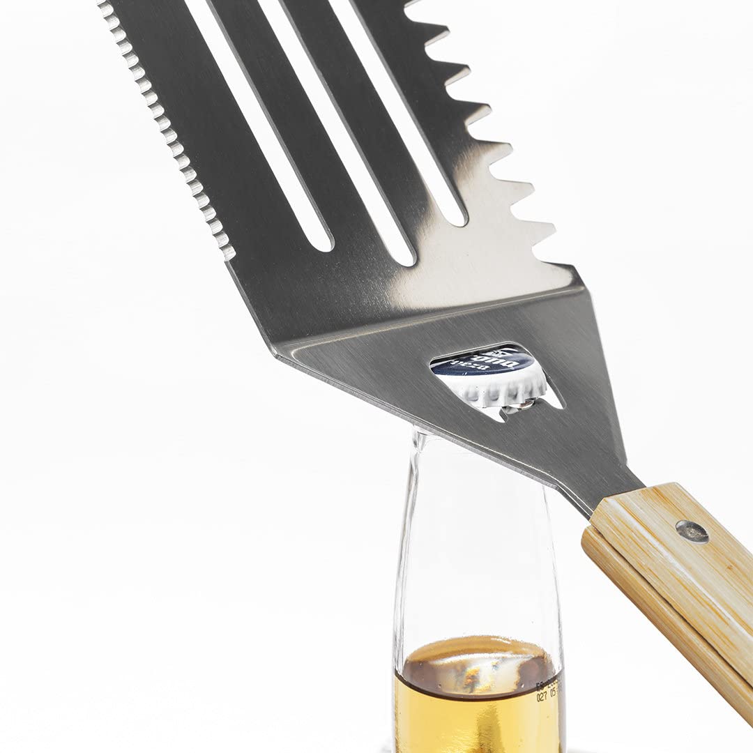 Set di 3 posate per barbecue, in valigetta in metallo effetto bambù, con pinza, forchetta e paletta per barbecue