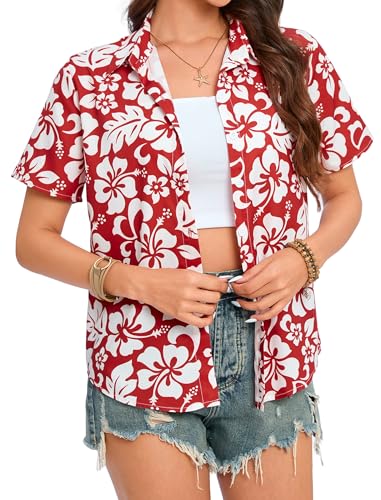 Hawaiian Shirts for Women:Aloha Shirt Summer Beach Button Up Floral Blouses Short Sleeve Hawaii Tropical Outfits Tops3