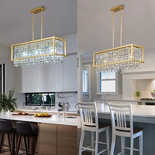 Image of LMQNINE Modern Rectangle Chandelier for Dining Room, Gold Crystal Chandelier Linear Light Fixture, Farmhouse Chandeliers for Kitchen Island, Bar Table, L30.7'' x W9.84'' x H8.66''