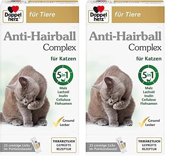 Doppelherz Anti-Hairball Complex für Katzen – Mit wertvollen Faserstoffen und Ölen zur Unterstützung der Verdauung bei Haarballen – 25 cremige Licks (Packung mit 2)