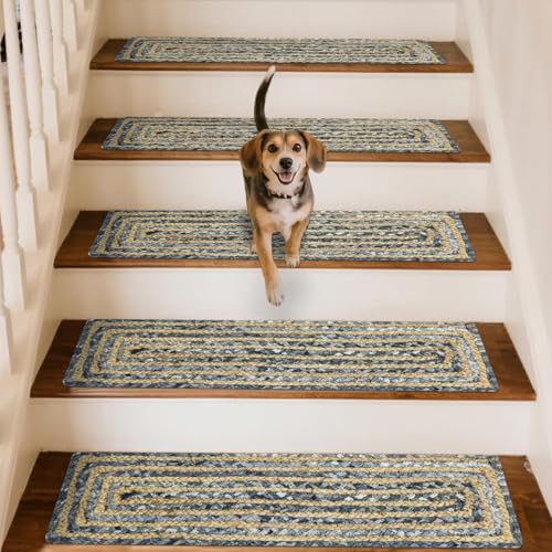Tapis d'escalier en jute de coton chindi bleu et beige rustique - 2