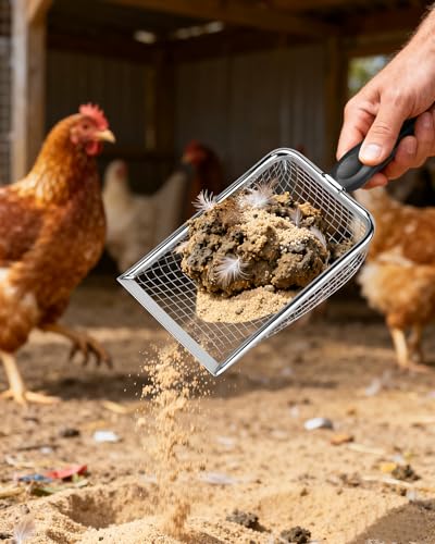 Image of KOROI Chicken Poop Scooper - 2 Pack Chicken Coop Poop Scoop Shovel with 3.8mm & 5mm Mesh,Metal Chicken Coop Cleaning Tool,Sifting Rake for Chicken Litter, Sand, Chicken Coop Supplies