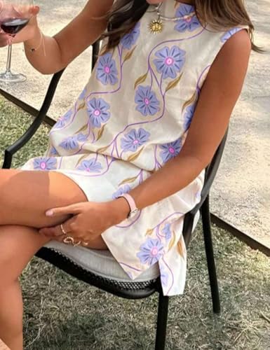 Image of Womens Summer Floral Print Mini Dress Romantic Sleeveless Shift Short Dress Vacation Fairy Dresses