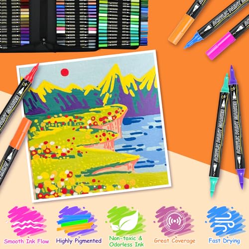 Image of 100-Pack Acrylic Paint Pens, Dual Tip with Brush & Fine, Carrying Case | 88 regular +12 metallic color, Ideal for rock, canvas, wood, fabric, Black Paper, Photo Album, Card Making, DIY Crafts
