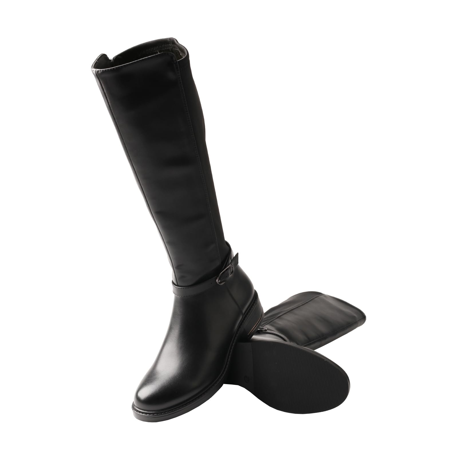 TMA EYES Damen schwarze kniehohe Leder Reitstiefel mit seitlichem Reißverschluss und niedrigem Absatz