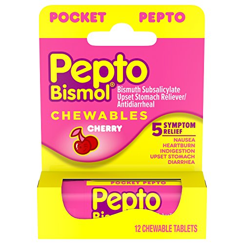 Pepto-Bismol To Go Portable 5 Symptom Relief Including Upset Stomach and Diarrhea Cherry Flavor Chewable Tablets, 12 Count