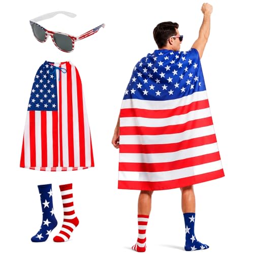 PARTY TELLER American Flag Cape Costume Set 4th of July Stars-and-Stripes Cape with Spangled Sunglasses and Flag Socks 250th Anniversary Independence Day Outfit for Women and Men