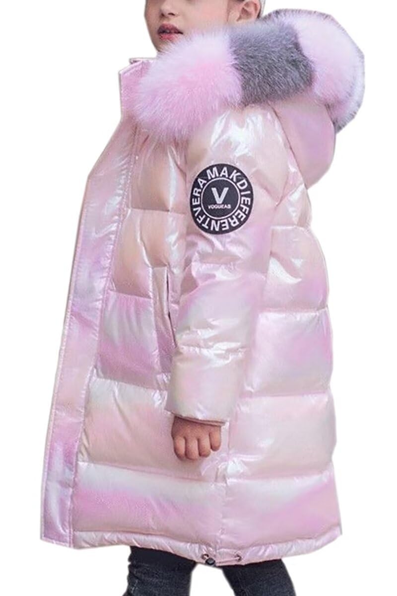 WIEAYUMEIKids Girl Down Coat Toddler Hooded Jacket Puffer Outerwear Shiny Warm Snowsuit Children Teenage Parka Coats with Faux Fur Collar