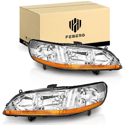 FEBERG [OE Style Anti-Yellowing Headlights for 1998-2002 honda accord Headlights Assembly for 98-02 Pair Headlamp Replacement Chrome Housing Amber Reflector L+R Pair