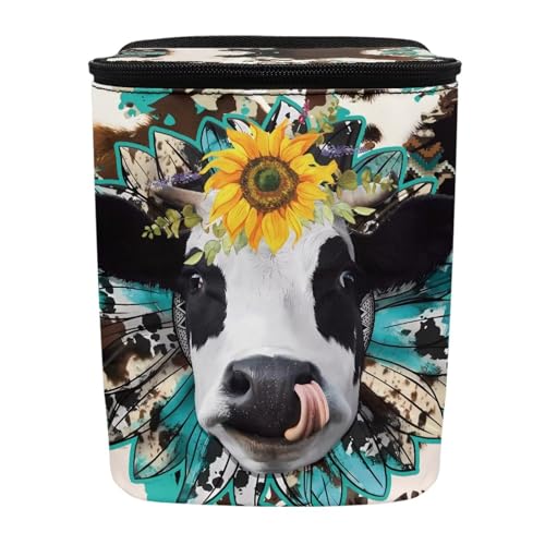 Image of Cow Print Car Trash Can Bin with Lid,Leak Proof Portable Small Garbage Bag Waste Rubbish Storage Bin for Back Seat Road Trip Travel,Aztec Cow Car Accessory for Women