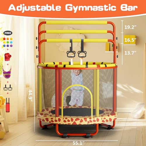 55" Trampoline for Kids with Enclosure, 440lbs Capacity Indoor & Outdoor Toddler Trampoline with Adjustable Gymnastics Bar & Toys, for Boys & Girls - Image 5