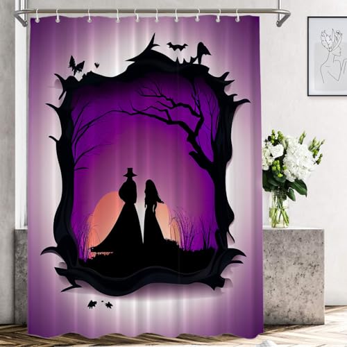 Shrahala Halloween Purple Silhouette Polyester Shower Curtain, Bats On Tree Moon Bath Curtain Waterproof with Plastic Rings for Shower Stall Bathtubs 72 X 60 in