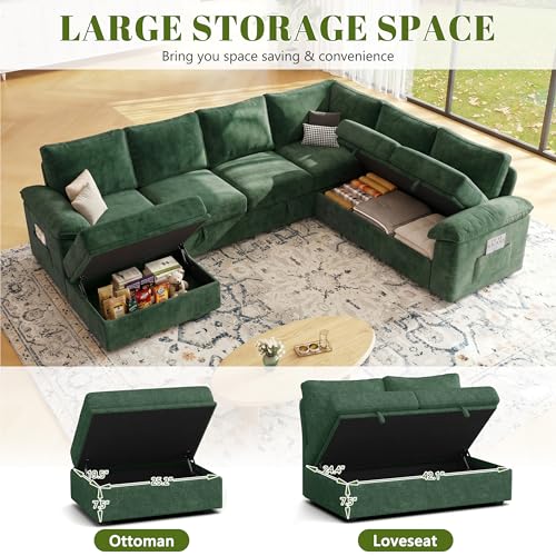 Image of 108 Inch Modular Sectional Sofa with Pull Out Bed,U Shaped 7 Seat Sectional Sleeper Sofa with Storage,Sectional Couches for Living Room,Cloud Modular Couch,Removable Sofa Cover,Green