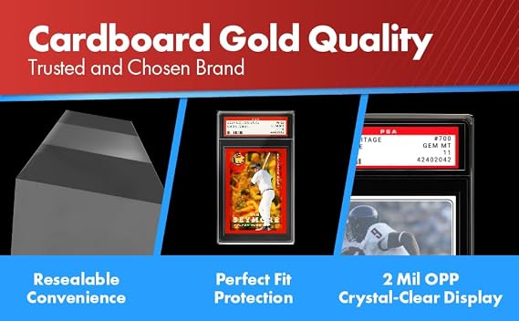 Cardboard Gold PSA Slab Sleeves - 50 Pack Resealable Graded Card Sleeves | Acid-Free, PVC-Free, 2 Mil OPP, 3.5 x 6 In Interior, Crystal-Clear Display, Trading Sports, Baseball, Football