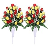 Lodou Artificial Cemetery Flowers,Outdoor Grave Decorations Roses,Arrangements Bouquet with Cemetery Vase, Silk Flowers for Long-Lasting Remembrance (Red Yellow)