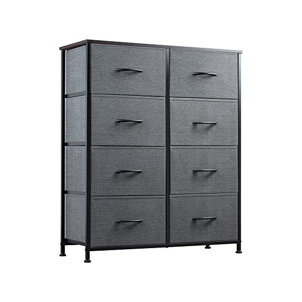 WLIVE Vertical Storage Tower, Dresser with 8 Easy Pull Fabric Drawers, Sturdy Metal Frame, Wood Tabletop, Easy Pull Handle, Organizer Unit for Bedroom, Hallway, Nursery, Entryway, Closets,Black Walnut