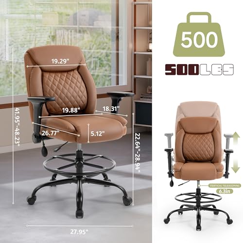 Image of Drafting Chair,Executive Tall Office Chair Flip-up Armrests for Counter Height Desk Drawing Use,High Task Chair with Adjustable Foot Ring & Inflatable Lumbar Support, Swivel Computer Stool,PU Brown