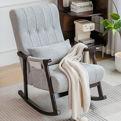 Image of COCO DESIGN Upholstered Rocking Chair, Nursery Rocking Chair Indoor for Living Room, Modern Glider Rocker w/Pillow＆Side Pocket, High Back Padded Seat Side Armchair for Old Man(Grey)