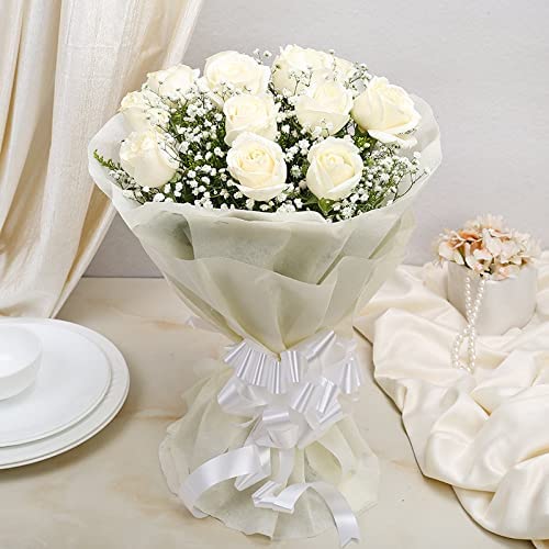 FlowerAura Decorative Bunch of 12 Fresh Live White Roses Flowers