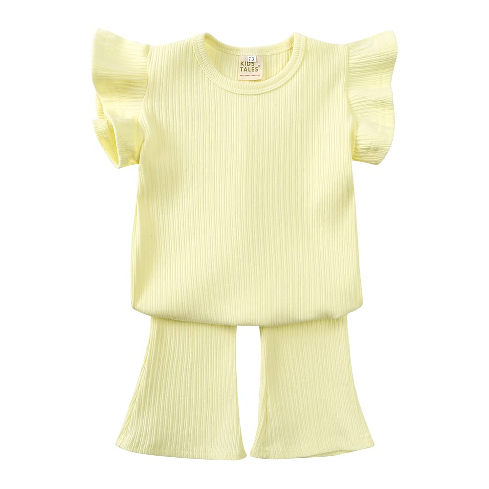 Kids TalesBaby Girls Knitted Ribbed Clothes Set Ruffle Short Sleeve Tops + Elastic Bell-Bottoms Summer Outfits 2PCS