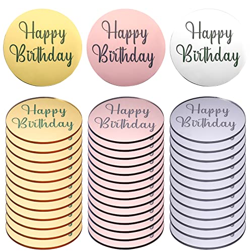 AIEX 33pcs Acrylic Happy Birthday Topper, Acrylic Happy Birthday Disc Mirror Acrylic Cupcake Toppers Mini Acrylic Cupcake Toppers Custom Cake Topper Name (Gold, Silver and Rose Gold, Round)