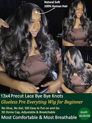 Image of KLAIYI Wear And Go Glueless Wig Bye Bye Knots 13x4Precut Lace Front Wigs Human Hair Loose Body Wave Wig Pre Bleached Pre Everything Pre Plucked with Baby Hair 3S Ready to Wear Beginner Friendly 22Inch