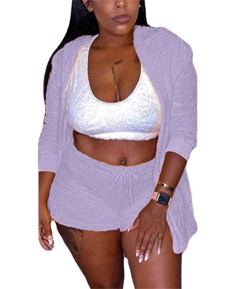 Famnbro Womens Sexy Fuzzy 3 Piece Outfits Fleece Warm Hooded Cardigan Crop Top Shorts Set Pajamas Loungewear