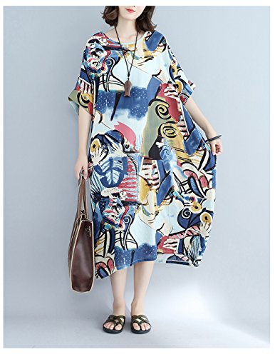 YESNO Women Long Maxi Baggy Dress Casual Plus Size Cover up Lagenlook 'Pop Art' Oil Painting Like/Pocket (One Size (US12-22), F01