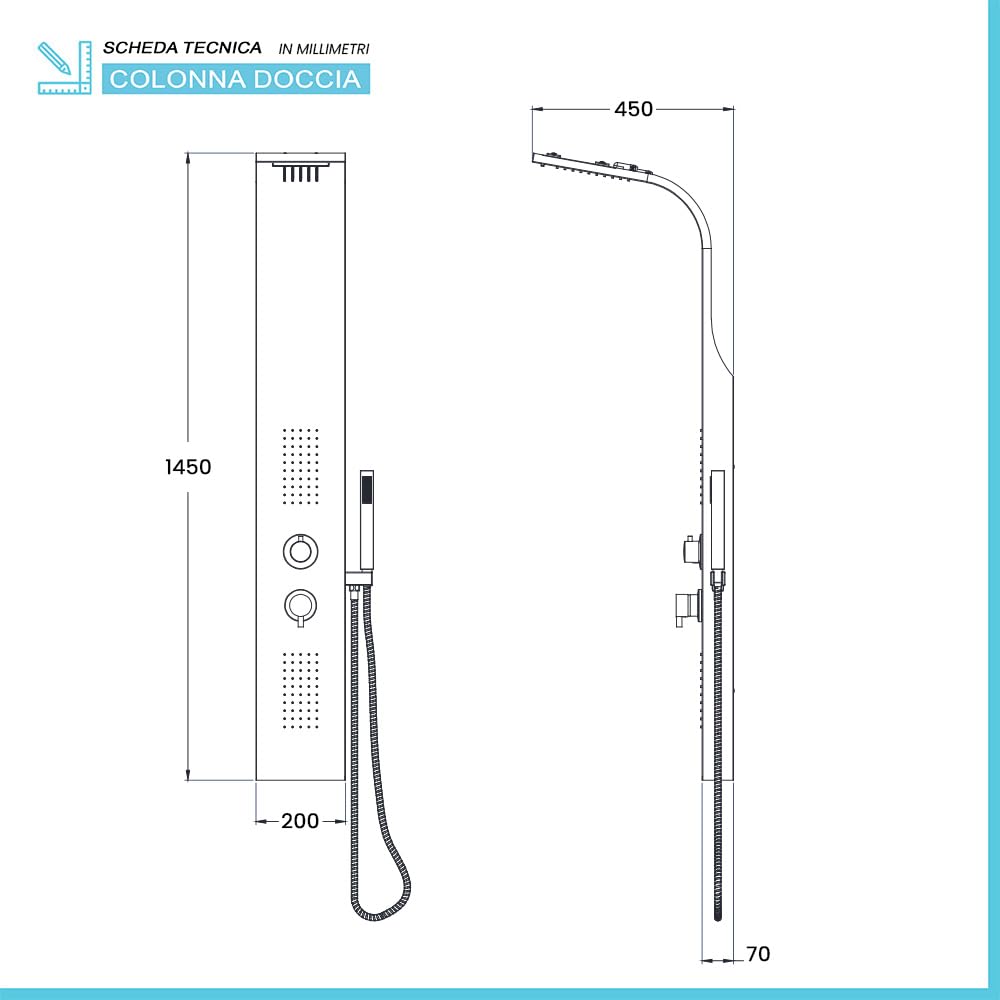Colonna Doccia Idromassaggio Multifunzione H 145 Cm In Alluminio Bianco Opaco Con Soffione, Getto Effetto Cascata, Doccino E Getti Orizzontali, Completa Di Flessibile