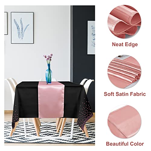 16Pack Disposable Plastic Tablecloths And Satin Table Runner Set Black And Rose Gold Dot Tablecloth Gold Satin Table Runner For Wedding Birthday Baby Shower Anniversary Christmas New Year Party Supply #TOP2