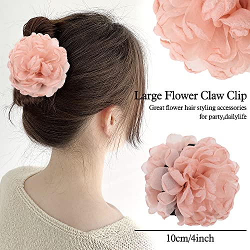 Cinaci 4 Pack Large Tulle Gauze Ruffle Rose Flower Plastic Hair Claws Clips Big Fabric Silk Floral Hair Bow Jaw Barrettes Clamps Bun Updo Holders Decorative Fancy Hair Accessories For Women Girls #TOP1