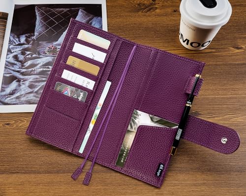 Image of Genuine Leather Planner Cover for Hobonichi Weeks /Weeks Mega with Pen Loop, Card Slots, Back Pocket, and Bookmarks (Purple)