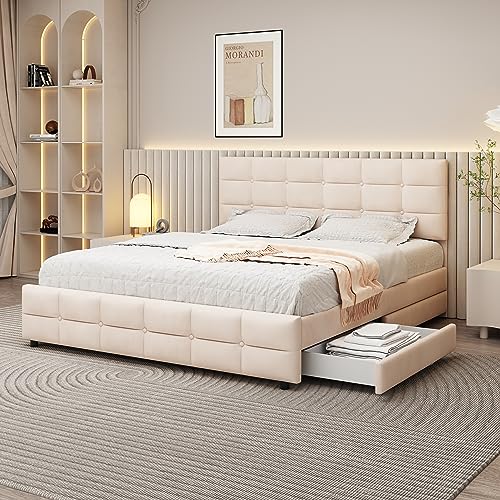 FORNORM Polsterbett 180 x 200 cm, Doppelbett mit 4 Schubladen Stauraum, Lattenrost und Verstellbares Kopfteil, Samtbezug Bett für Erwachsene und Jugendliche, Ohne Matratze (Beige)