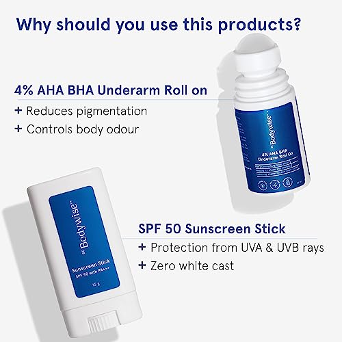 Image of Be Bodywise Spf 50 Sunscreen Stick With Pa+++ (13G) & 4% Aha Bha Underarm Roll On (50Ml), With Vit E, Centella, Alpha Arbutin, Reduces Body Odor, Pigmentation, Tan & Sunburns - All