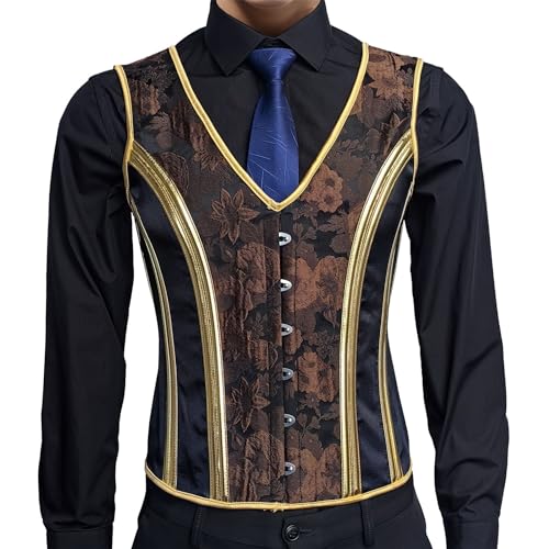 Men Corset Vest Slimm Fit Waistcoat Lace Up Bones Waist Trainer Brown Floral Gold Dress Vest Party Stage - Main Image