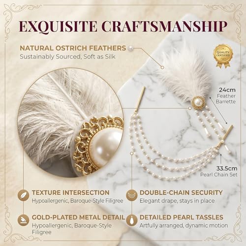 2Pcs Accesorios para el Cabello Victoriano para Mujeres, Clips de Barrette con Pluma de Avestruz y Borla de Perla Estilo Reina del Renacimiento del Siglo XVIII, Disfraz Marie Antoinette Peinado Colmena Rubio miniatura 3